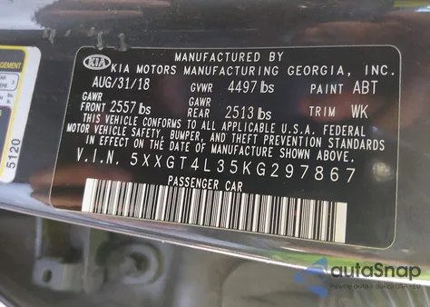 2019 Kia Optima Lx из США, поврежденный, VIN 5XXGT4L35KG297867